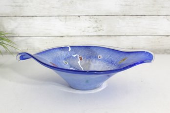 Murano Style Art Glass Bowl  4'H X 15.5'W  Blue Millefiori Swirl  Hand-Blown Centerpiece