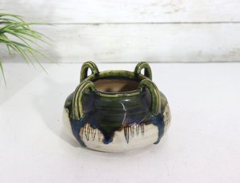 Vintage Art Pottery Handled Bowl  Green & Blue Drip Glaze  Approx. 4' High