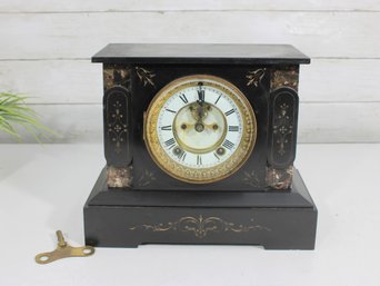 Antique Black Slate Mantel Clock W/ Marble Inlay & Key  Working  10' X 11' X 6'
