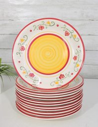 Set Of Studio 33 10' Dinner Plates  Colorful Floral Rim W Yellow Center  Microwave & Dishwasher Safe