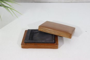 Antique Inkstone With Wooden Case  Writing Desk Accessory, 4 X 3