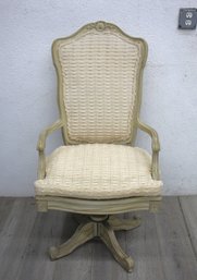 Vintage Swivel Armchair With Woven Upholstery And Carved Wood Frame