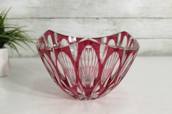 Vintage Bohemian Ruby Cut-to-Clear Crystal Bowl  5.5'H X 8.5' Round  Deep Red & Clear Art Glass