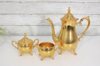 Sheridan Silverplate Coffee / Tea Set  3 Piece Gold Tone Service  Coffee Pot, Creamer & Sugar Bowl W Lid