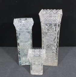 Set Of 3 Vintage Pressed Cut Glass Vases  Scalloped Rim Floral Pattern  5', 10.5', 12.5'
