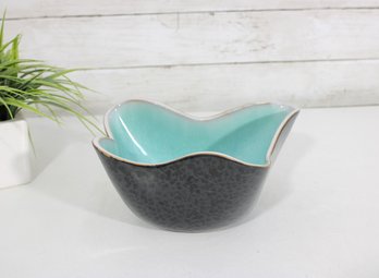Vintage Art Pottery Freeform Bowl  Turquoise Interior / Black Speckled Glaze  8.5'