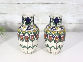Pair Of Hand-Painted Italian Ceramic Vases  Floral Pattern, 9 H