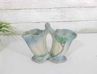 Weller Pottery Double Bud Vase  Art Nouveau Style  Blue & Green Glaze  6.5' X 8.5'