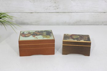 Vintage Hummel Style Wooden Music Box Lot  2 Decorative Trinket Boxes W Music Mechanism  2.5' & 3' H