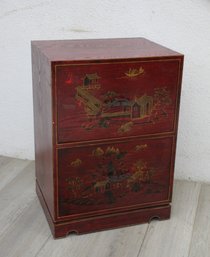 Vintage  Asian-Inspired Red Lacquer Two-Drawer File Cabinet