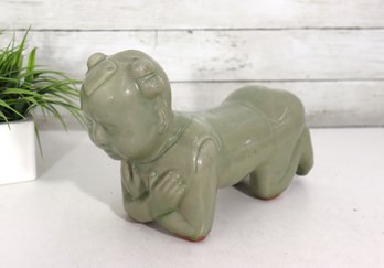 Chinese Celadon Porcelain Pillow  Figural Child Form  12' Wide 6'H X 12'W