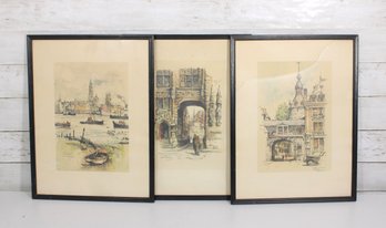 Set Of 3 Vintage Jan Korthals Paris Prints  Framed European Street Scenes  16.5 X 12.5