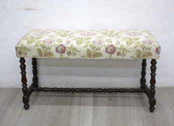 Vintage Floral Upholstered Bench With Turned Wood Legs