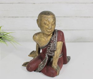 Vintage Hand-Carved Monk Statue  Red & Gold Painted Figure  10' X 9'
