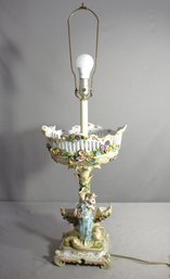 Antique Porcelain Table Lamp With Figural And Floral Motifs