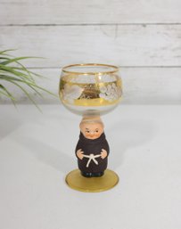 Goebel Friar Tuck Monk Wine Goblet  Etched Glass With Gold Trim  5.5'