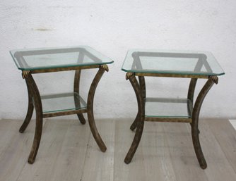 Pair Of Vintage Glass Top Side Tables With Bronze Accents