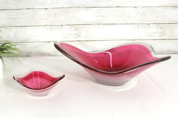 Paul Kedelv For Flygsfors Coquille Art Glass Bowl Set  Pink & White Sommerso  Signed  Mid-Century Swedish