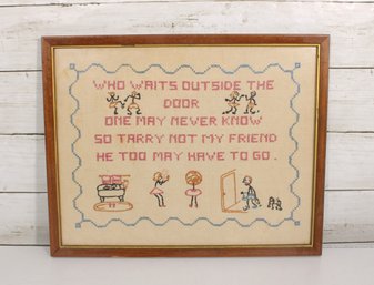 Vintage Hand Cross-Stitched Sampler  Framed Folk Art Needlework Verse  12 X 15