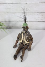 Hand-Carved Folk Art Wooden Figure With Articulated Limbs & Feathered Headdress  12' H