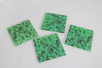 Set Of 4 Vintage Lucite Shamrock Coasters  Encased Clover Design  4'
