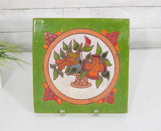 Vintage Hand-Painted Ceramic Art Tile  Floral Basket Design  10' X 10'