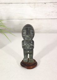 Carved Stone Figure On Wood Base  Stylized Human Form, 6 H
