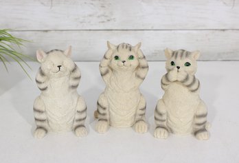 Set Of 3 Vintage Cat Figurines  Hear, See, Speak No Evil Style Kittens  5.5' H