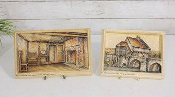 Pair Antique Osborne Ivorex Shakespeare Wall Plaques  Stratford-on-Avon 3D Relief  Made In England
