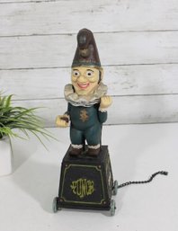 Vintage Cast Iron Five Cent Cigars Mechanical Bank Clown Figure On Wheels  12' Tall