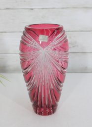 Mikasa Ruby Red Cut Glass Art Vase 9.5' Tall  Sculptural Crystal Style Statement Piece