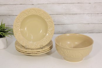 Vintage Cream Glazed Embossed Serving Bowl & 4 Matching Plates Set  Portugal  9 Bowl / 9.5' Plates