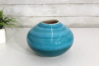 Crate & Barrel Turquoise Ceramic Vase  6H  Modern Rounded Form  Glossy Blue Pottery