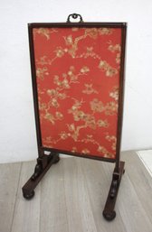 Antique Victorian Extending Fire Screen With Red Floral Design