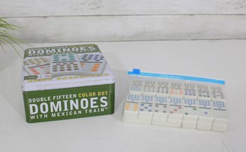 Double Fifteen Color Dot Dominoes Set/  Complete Game Tiles In Storage Tin