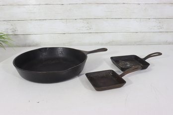 Vintage Cast Iron Cookware Lot  11.5 Round Skillet & Two Small Pans (5.5 X 4.5)