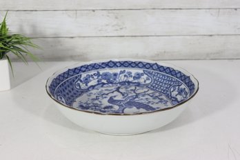 Vintage Blue & White Porcelain Bowl  12.5 Round  Asian Floral & Landscape Design