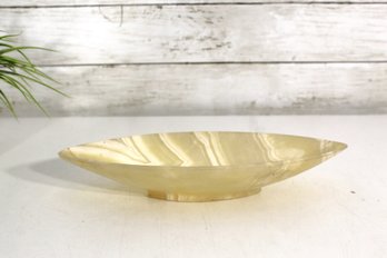 Vintage Onyx Stone Decorative Bowl  Natural Cream & Beige Striped  10.5' Long Hand-Carved Dish (Repaired)