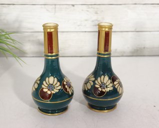 Vintage Floral Ceramic Bud Vase  Teal Glaze W/ Gold Trim  7.5 Tall  Art Pottery Decor