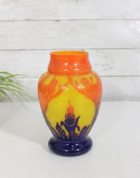 Signed Schneider Le Verre Franais Cameo Glass Vase  Pte De Verre  Vibrant Art Deco  8' Tall