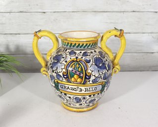 Italian Majolica Style Two-Handle Vase / Urn  Grasso-D-Pollo  Hand-Painted  9' Tall