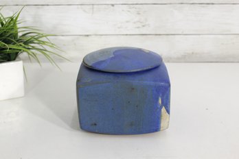 Vintage Studio Pottery Lidded Jar  Handcrafted Stoneware  Matte Blue & Natural Clay  6' Modernist Form