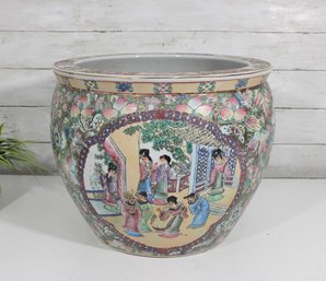 Large Chinese Famille Rose Porcelain Fish Bowl / Planter  Figural & Floral Motif  12.5' H X 14.5' Diameter