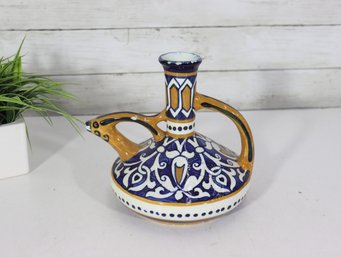 Hand-Painted Spanish / Mediterranean Ceramic Vase  Twin Handle Design  Blue & Yellow  8 Tall