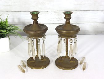 Vintage Pair Brass Candlesticks W/ Hanging Crystal Prisms  10 Tall  Elegant Hollywood Regency Style