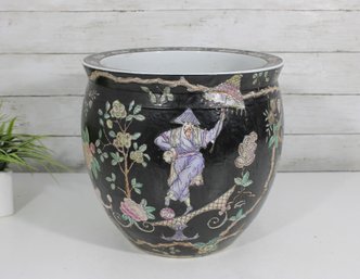 Chinese Black Famille Rose Porcelain Fish Bowl / Planter  Figural & Floral Design  12'h X 12' Round