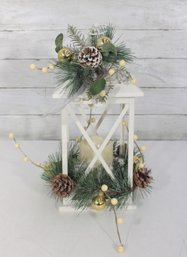 14'White Metal Christmas Lantern W/ LED Candle  Pinecone & Greenery Holiday Decor