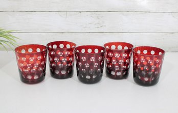 Set Of 6 Cranberry Opalescent Coin Dot Tumblers  Red Polka Dot Glasses  4' Vintage Style