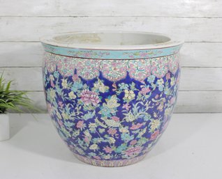 #1-Large Chinese Blue Ground Famille Rose Porcelain Fish Bowl / Planter  Floral Motif  14.5' Diameter
