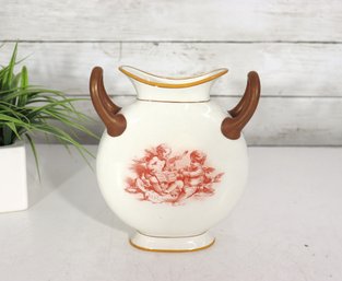 Antique Porcelain Two-Handled Vase W/ Cherub Scene  Cream & Rust Transfer  8 Tall